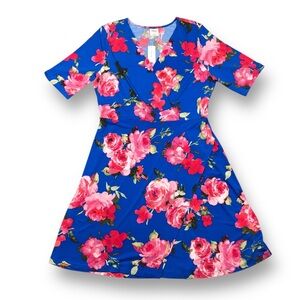 NWT Women’s Soma Faux Wrap Dress Blue Pink Floral Short Sleeves Stretch Travel L
